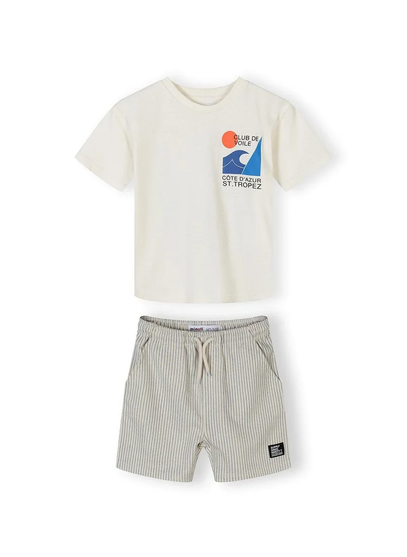 MINOTI Boys cotton short sleeve shirt offwhite and striped shorts